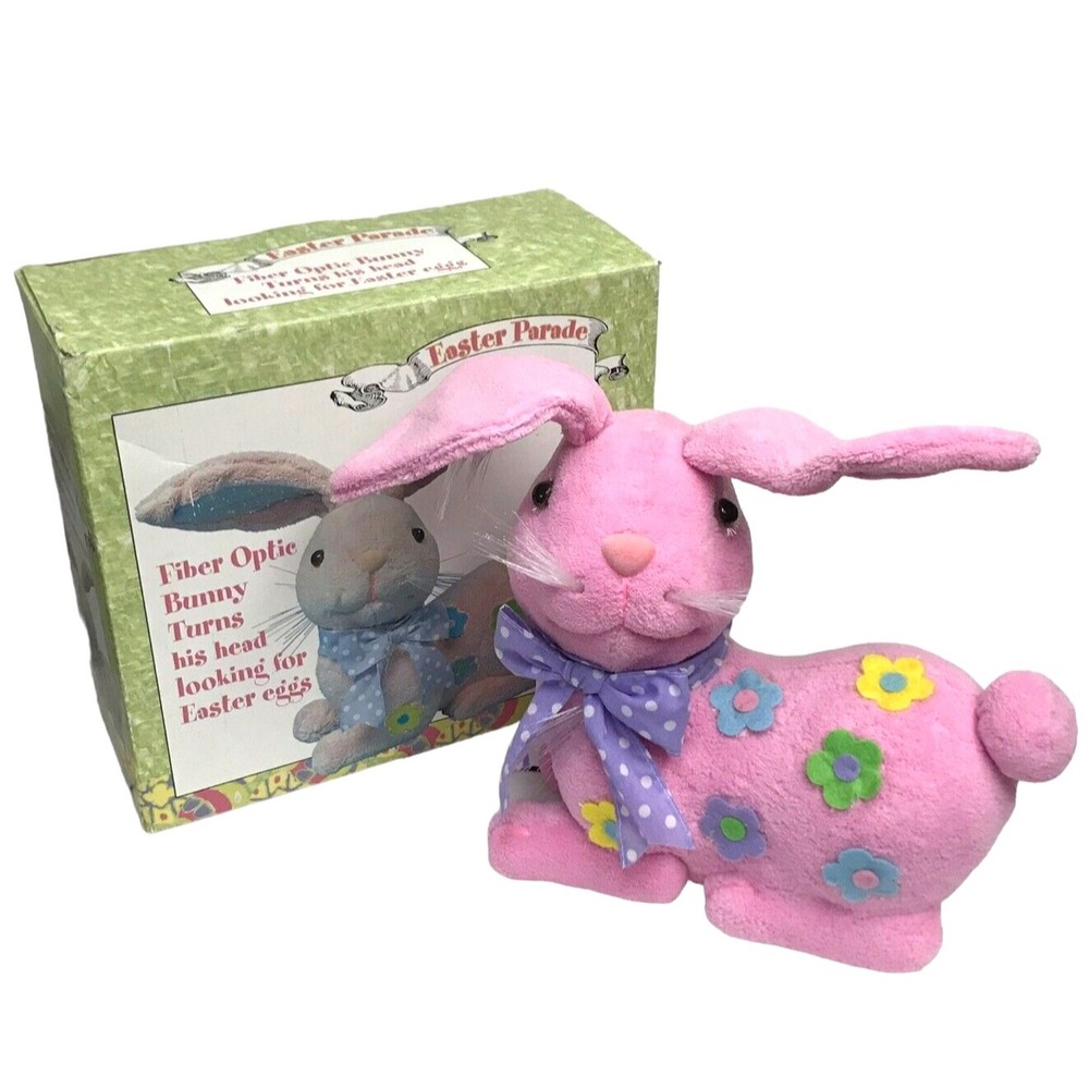 Animated Fiber Optic Pink Easter Bunny W/Flowers His Head Turns Looking for Eggs